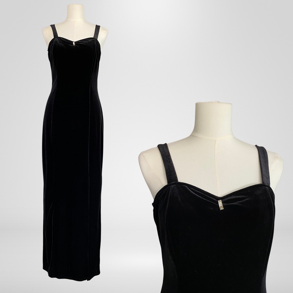 Vintage Onyx Nite Black Velvet Maxi Dress 8 USA Y2K Rhinestone Sweetheart